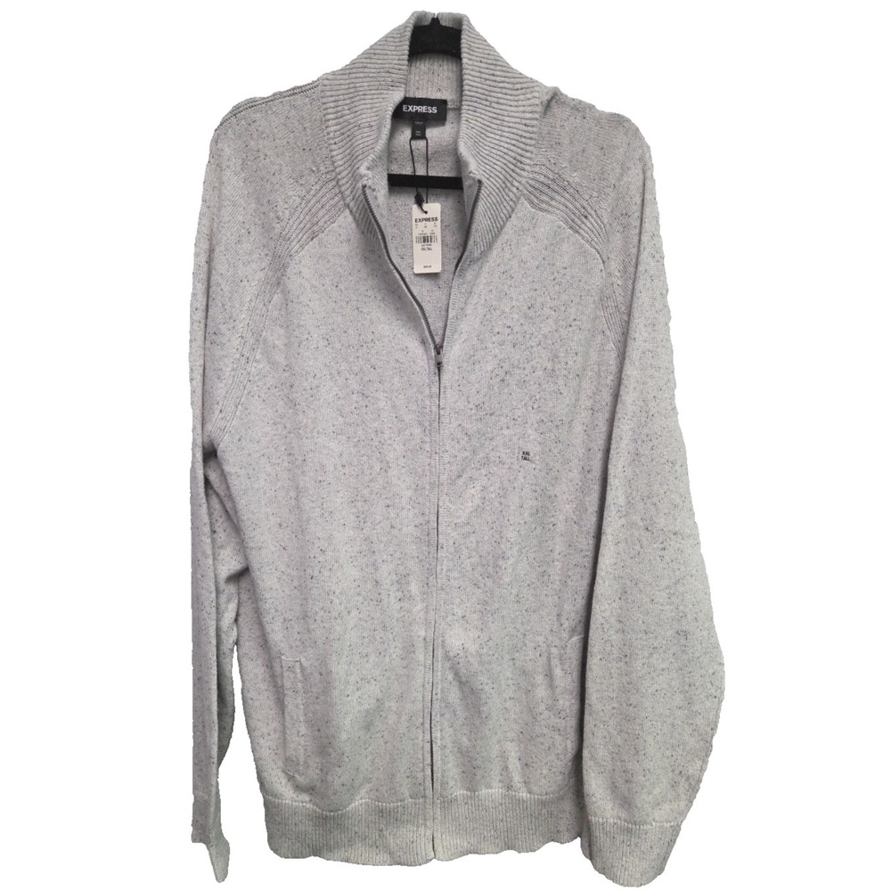 Express Men' s Full-Zip Sweater Size XXL TALL Ribbed Knit Round Neck Gray NWT